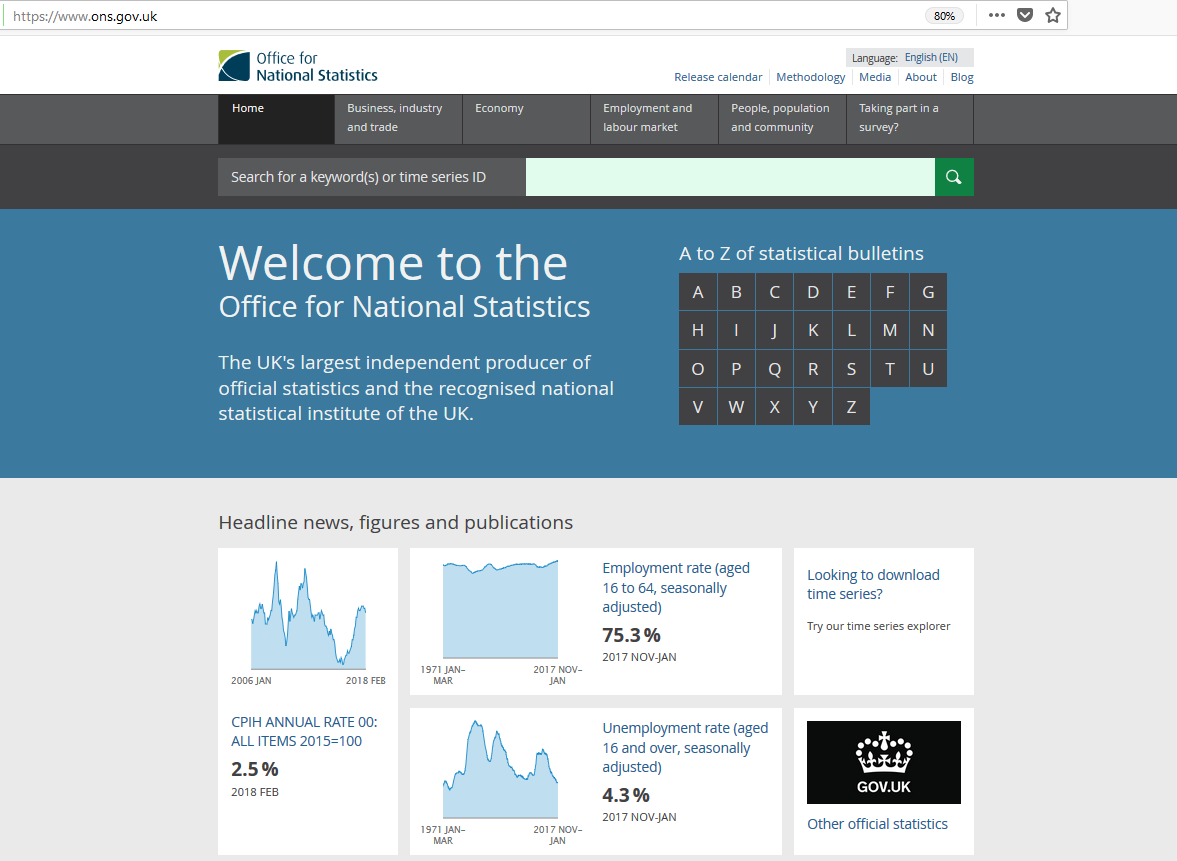 An image showing the homepage of the Office for National Statistics website.