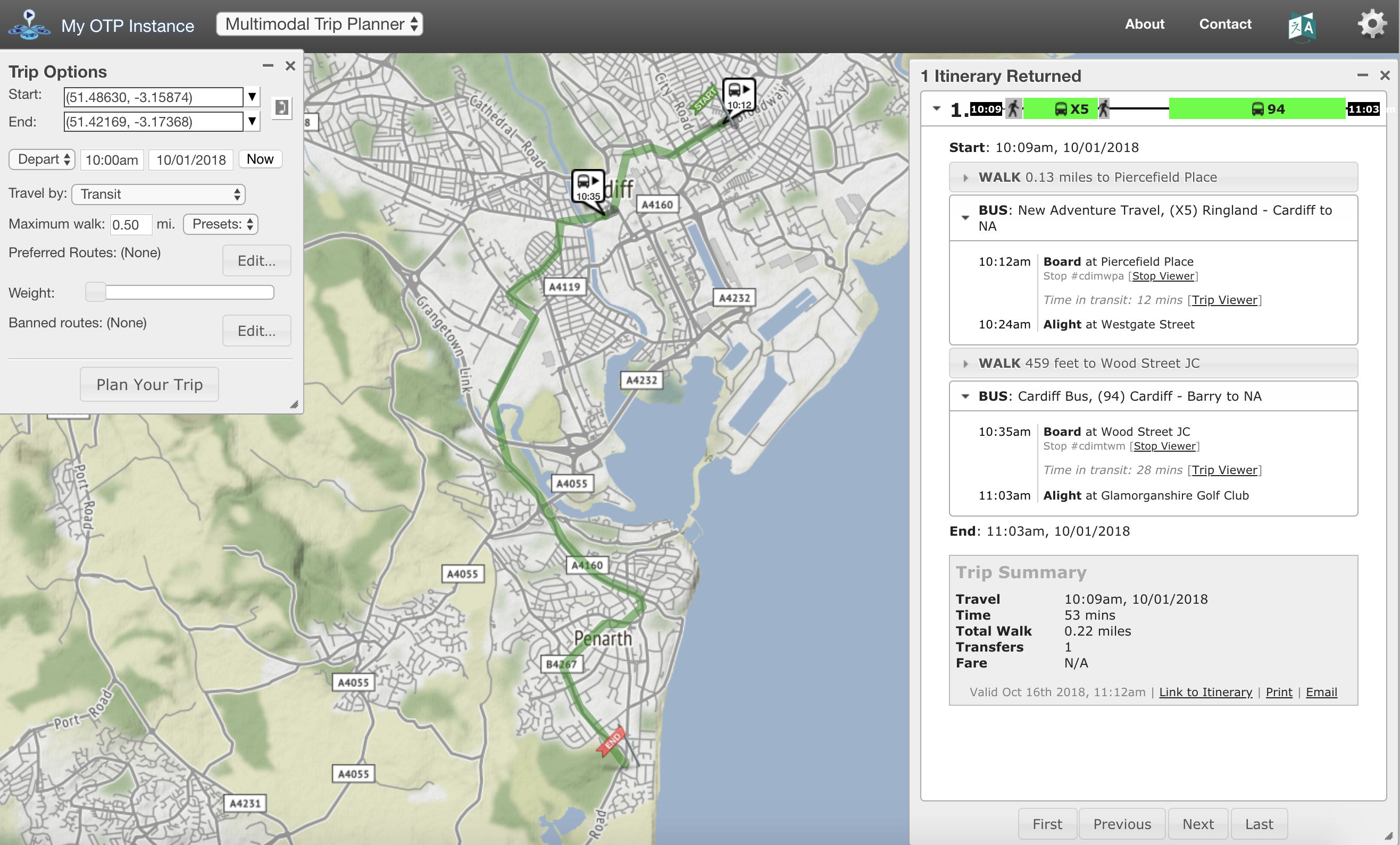 A screenshot of the multimodal trip planner where users can set their start and ending destination. This instance shows a journey across the city of Cardiff.