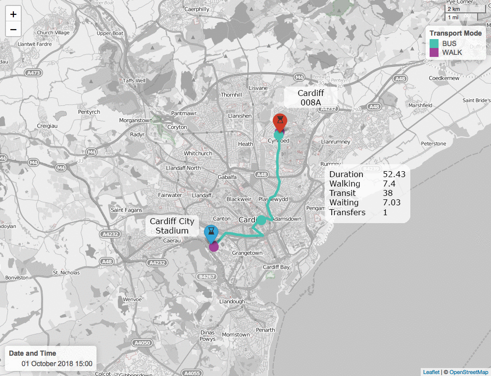 An animated GIF showing the different route variations from Cyncoed, Cardiff to the Cardiff City Stadium, depending on the time of day and available transport options.