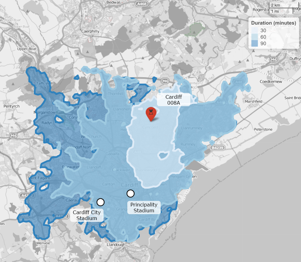 An isochrone map showing how far people from the Cyncoed, Cardiff can reach by combining walking and using public transport, with travel times of 30, 60 and 90 minutes.