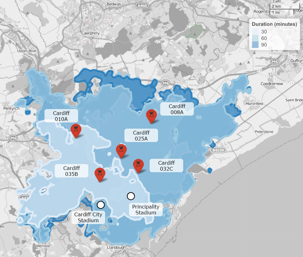 An isochrone map showing the travel possibilities to and from multiple origins and destinations. In this case travel to both the Cardiff City Stadium and Principality Stadium in Cardiff.