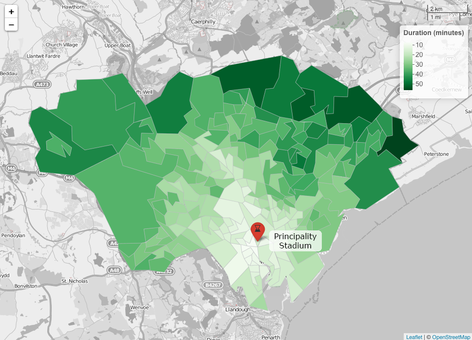 A Choropleth map for travel from all the Cardiff Lower layer Super Output Areas and the Principality Stadium with cut-off times of 10 to 60 minutes with 10-minute intervals were used. Travel times in general increase when distance away from the stadium increases, but we can see that some of the further LSOAs have shorter travel times than ones that are closer to the stadium.