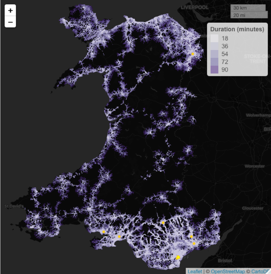 An isochrone map of Wales showing which areas of  the counry can access the ten sports venues with a capacity of greater than 10,000.