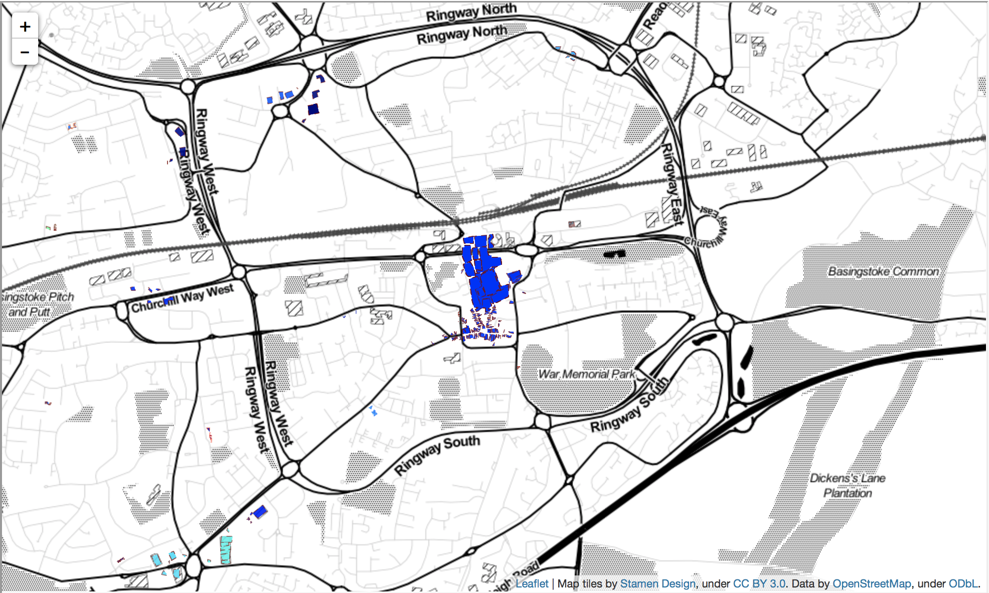 Map representation showing retail clusters for the centre of Birmingham. Described under the heading Company location within retail clusters.