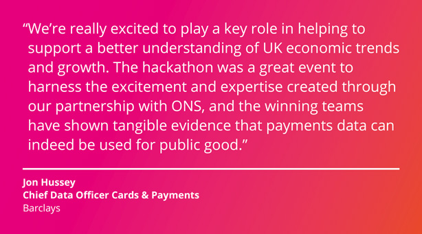 We are really excited to play a key role in helping to support a better understanding of UK economic trends and growth. The hackathon was a great event to harness the excitement and expertise created through our partnership with ONS, and the winning teams have shown tangible evidence that payments data can indeed be used for the public good. Jon Hussey, Chief Data Officer, Cards and Payments, Barclays.