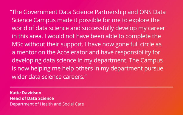 The Government Data Science Partnership and ONS Data Science Campus made it possible for me to explore the world of data science and successfully develop my career in this area. I would not have been able to complete the MSc without their support. I have now gone full circle as a mentor on the Accelerator and have responsibility for developing data science in my department. The Campus is now helping me help others in my department pursue wider data science careers. Katie Davidson, Head of Data Science, Department of Health and Social Care.