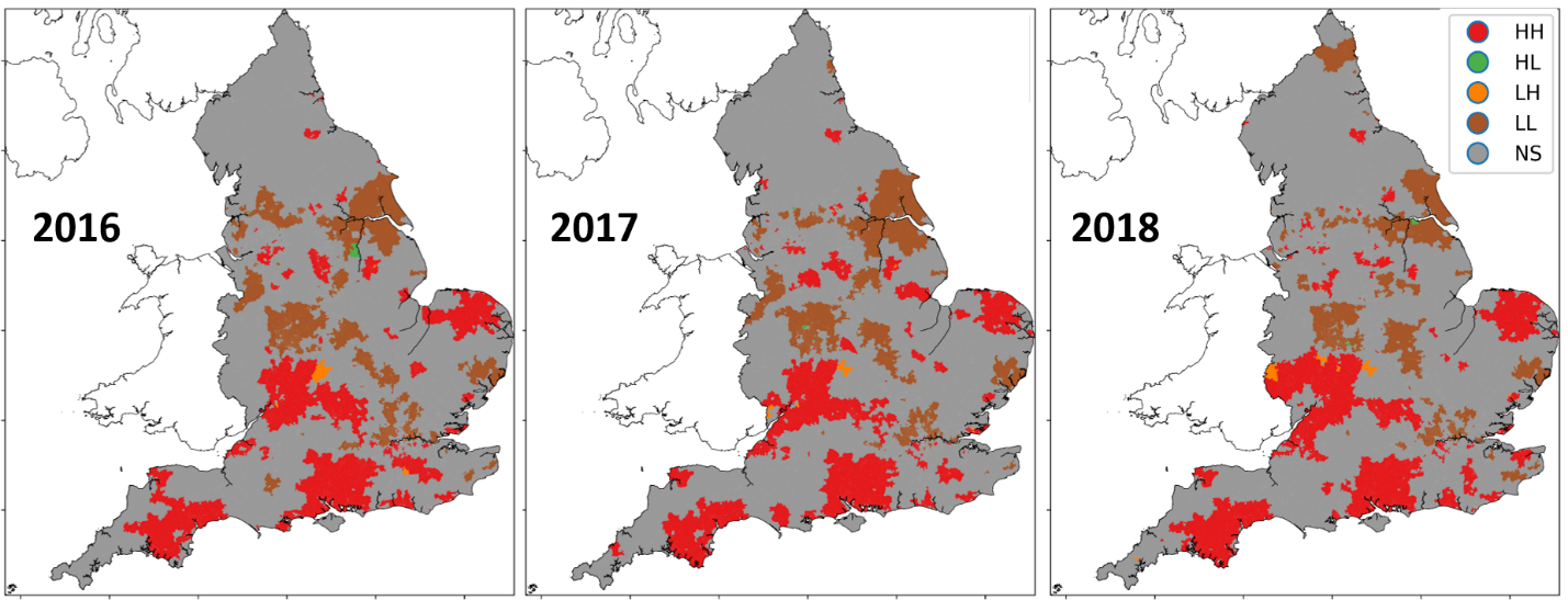 Three heat maps covering the period of 2016, 2017 and 2018. They show clusters of red where Loneliness-related condition prescribing is highest.