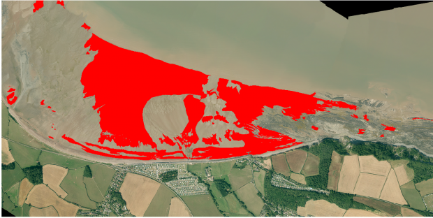 A satellite image of Blue Anchor Beach in Someret with labelling showing the extent of sand on the beach.