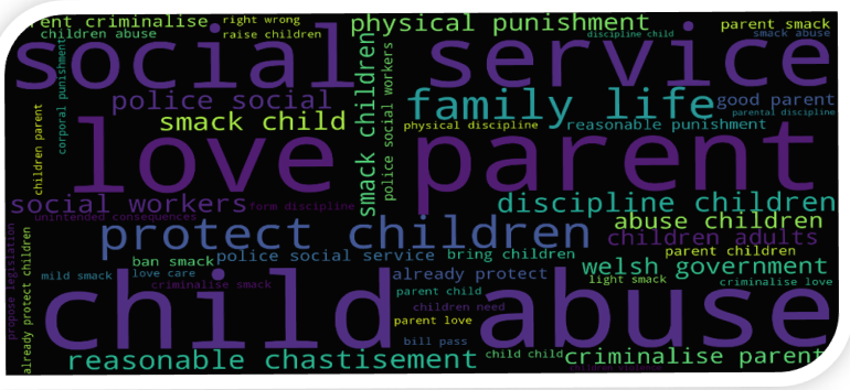 A word cloud showing the most important phrases in the responses in opposition to the bill. The largest words are "social service", "love parent" and "child abuse".