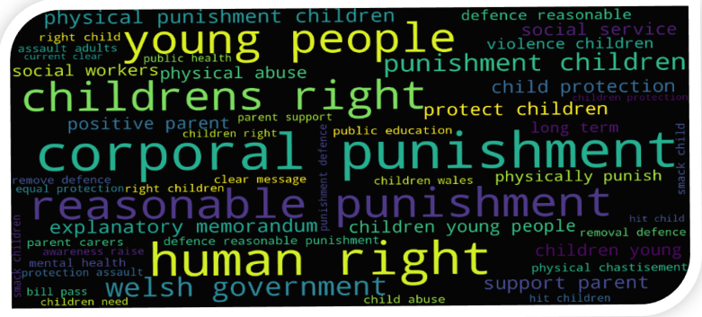 A word cloud showing the most important phrases in the responses in support of the bill. The largest words are "young people", "children's right", "corporal punishment", "human right".