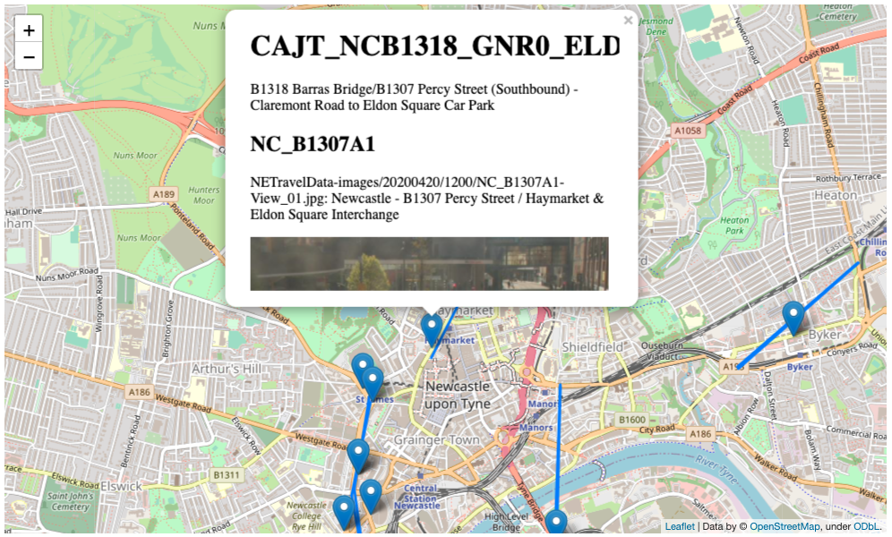 A map of Newcastle showing ANPR segments that have nearby CCTV needing review and selection.