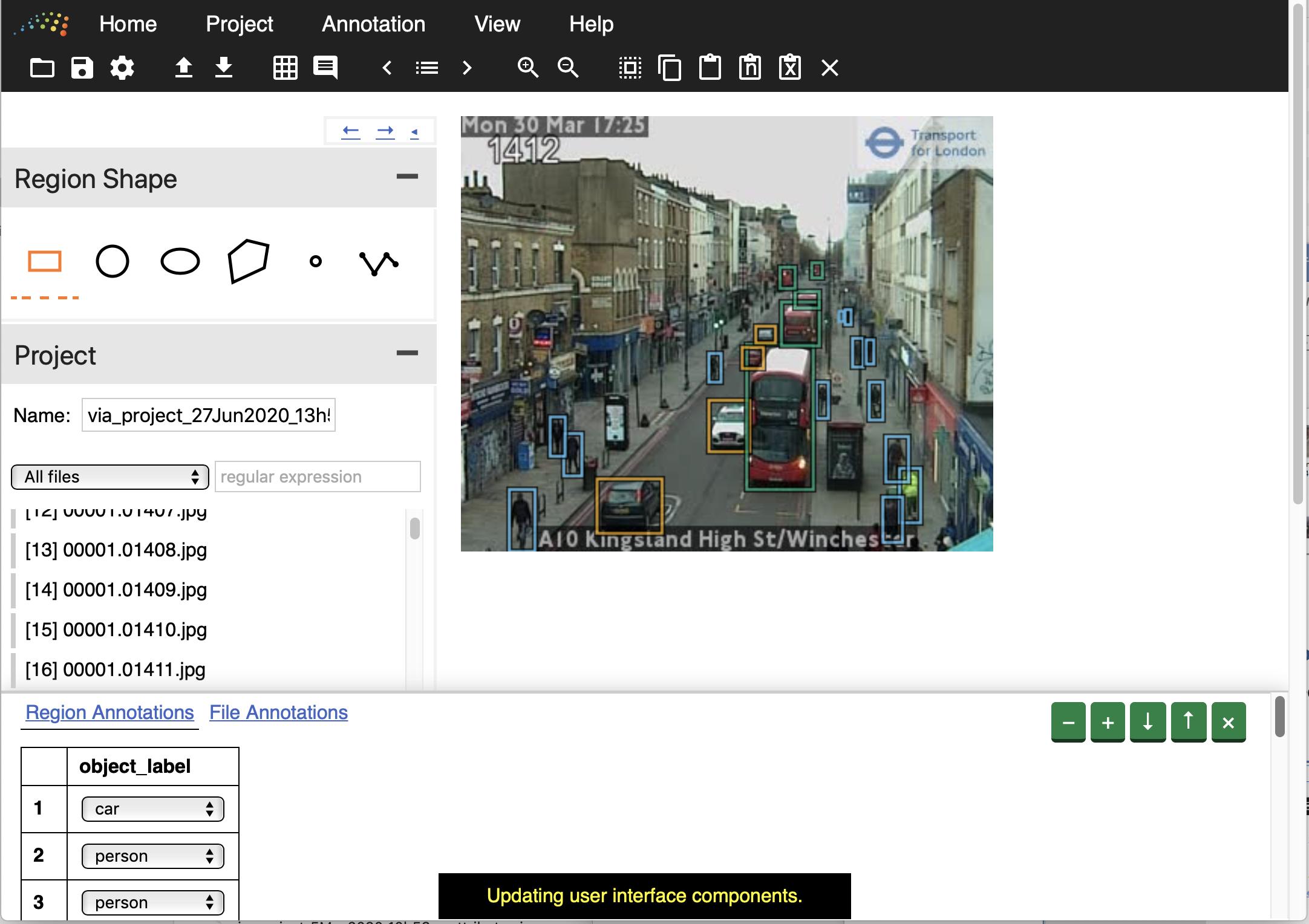 A screenshot of the image annotation application showing features being labelled in images.