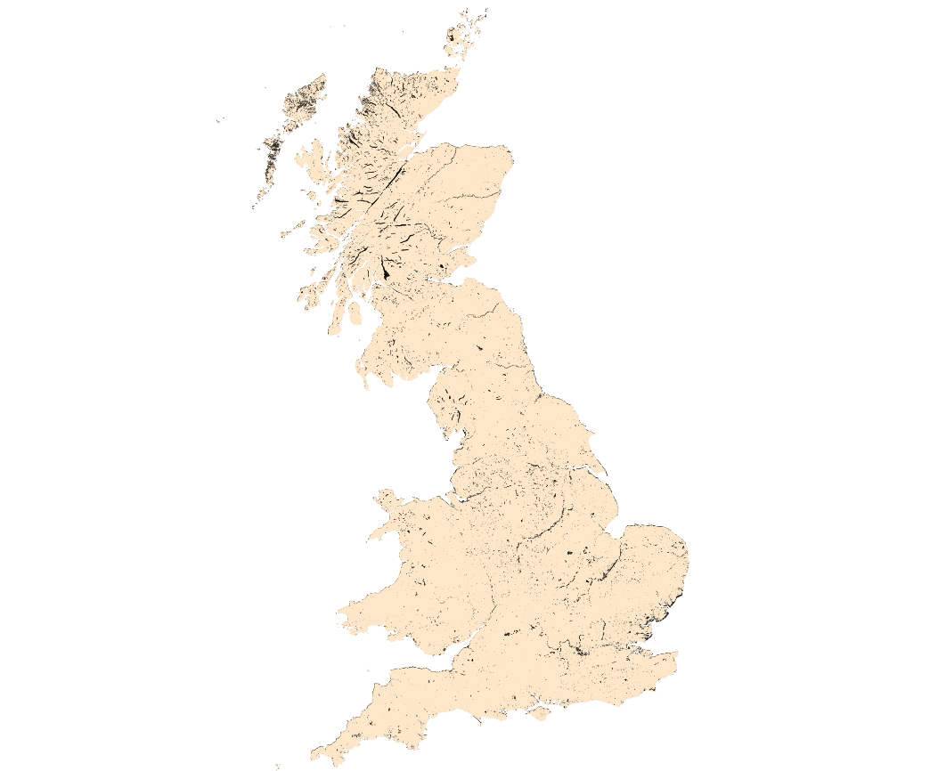 A map of the UK showing the extent of water bodies captured by Global Surface Water Explorer data. More detail is available in section 9, paragraph 3.