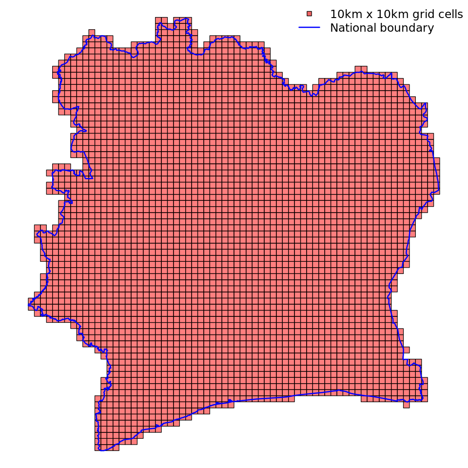 A uniform spatial grid of 10 by 10km cells for Côte d’Ivoire. For more information see the "Define a uniform grid section".