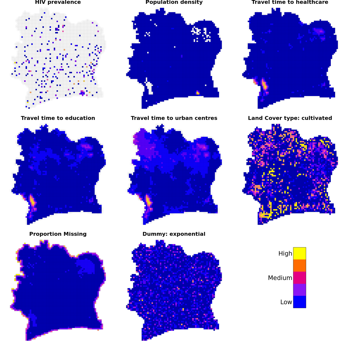 A series of heatmaps using the uniform spatial grid for Côte d’Ivoire. Each heatmap illustrates how a particular variable (For example, HIV prevalence or access to healthcare varies in space). Table 1 describes the datasets used to generate the variables shown.