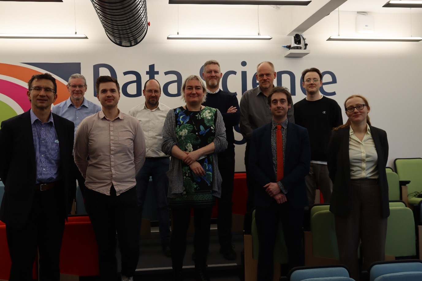 Colleagues from Statistics Flanders, the Office for National Statistics and Data Science Campus International teams in the lecture theatre at the Campus in Newport.