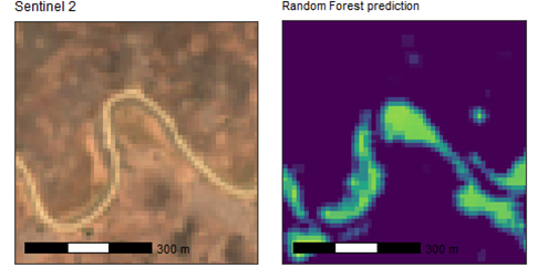 A dried riverbed showing the Random Forest model making false positive predictions.