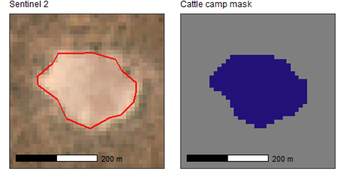 A shapefile polygon mapped over a cattle camp in a satellite image on the left, used to create a training mast for the UNET model, shown on the right.