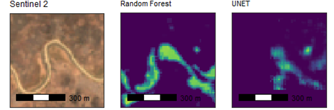A dried riverbed from Sentinel 2 satellite imagery on the left and the false positive predictions made in this location from pixel-by-pixel classifications in the middle. The false positive predictions made for this location by the pixel-by-pixel classifications are on the right.