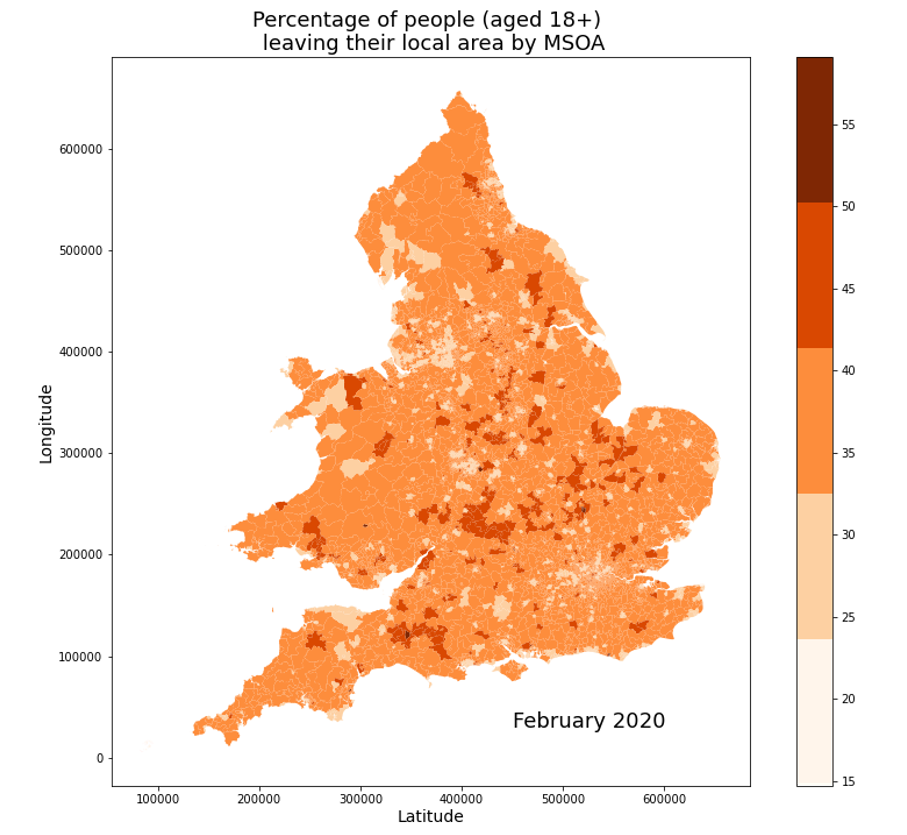 People in urban areas were less likely to be leaving their local area during lockdown than those in rural areas. The maps show the proportion of those aged 18 and over spending time away from their local area, by middle layer super output area for Wales and England, in February 2020.