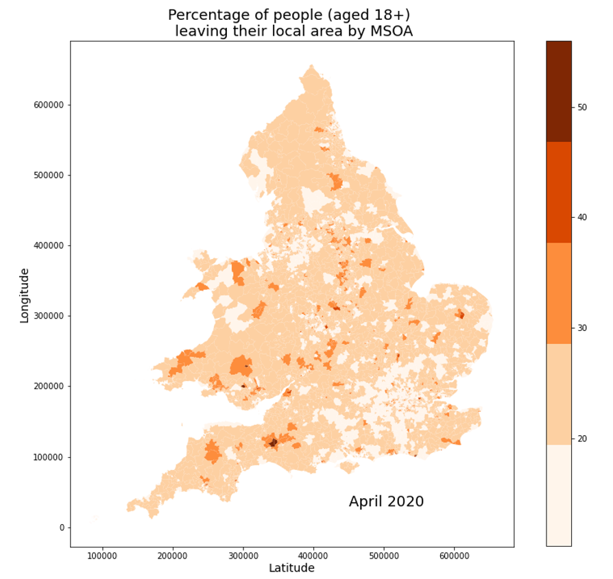 People in urban areas were less likely to be leaving their local area during lockdown than those in rural areas. The maps show the proportion of those aged 18 and over spending time away from their local area, by middle layer super output area for Wales and England, in April 2020.