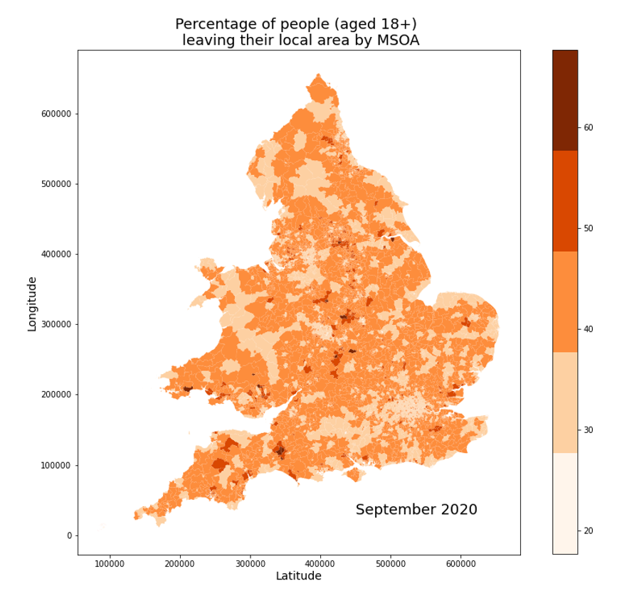 People in urban areas were less likely to be leaving their local area during lockdown than those in rural areas. The maps show the proportion of those aged 18 and over spending time away from their local area, by middle layer super output area for Wales and England, in September 2020.