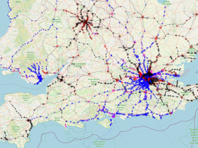 A map of Great Britain showing the number of scheduled services as a proportion of the number of timetabled services at each station at each station on 13 August 2022. They are represented by coloured circles overlaid on the map.