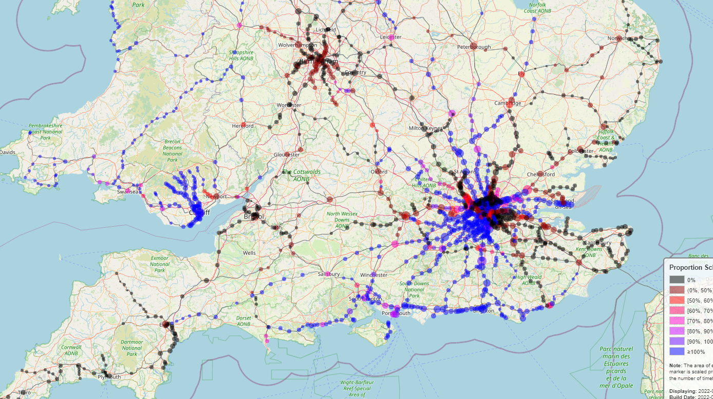 A map of Great Britain showing the number of scheduled services as a proportion of the number of timetabled services at each station at each station on 13 August 2022. They are represented by coloured circles overlaid on the map.