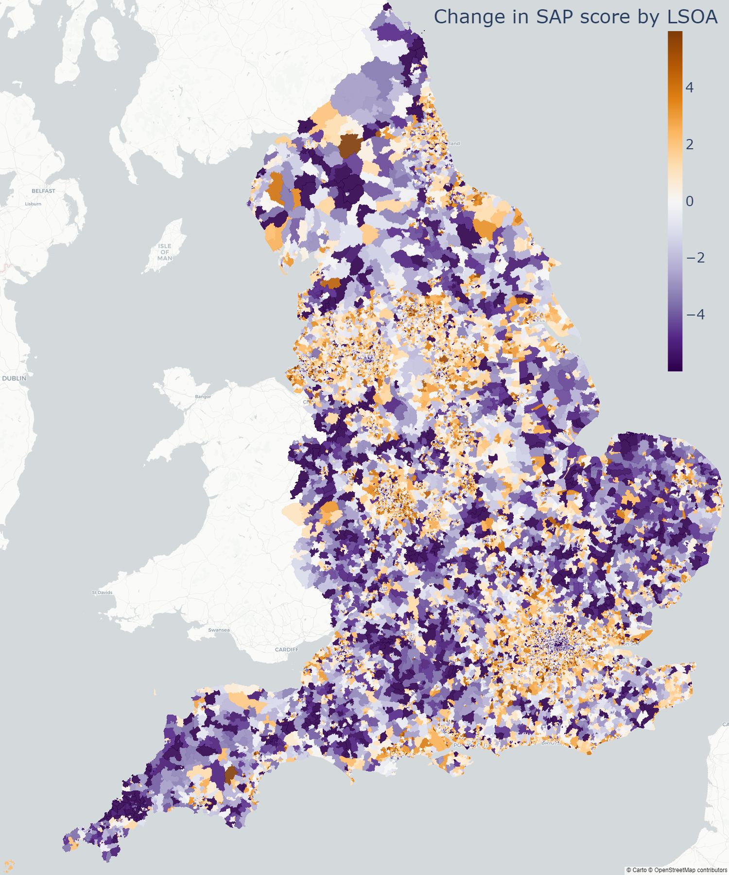 Choropleth showing change in median Standard Assessment Procedure score for Lower Layer Super Output Areas in England when the predicted scores of properties without Energy Performance Certificates are included.