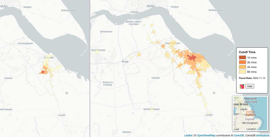 Side by side maps with highlighted feasible travel areas starting from Waltham and near to Grimsby Town train station corresponding to travel time limit of 15, 30, 45 and 60 minutes.