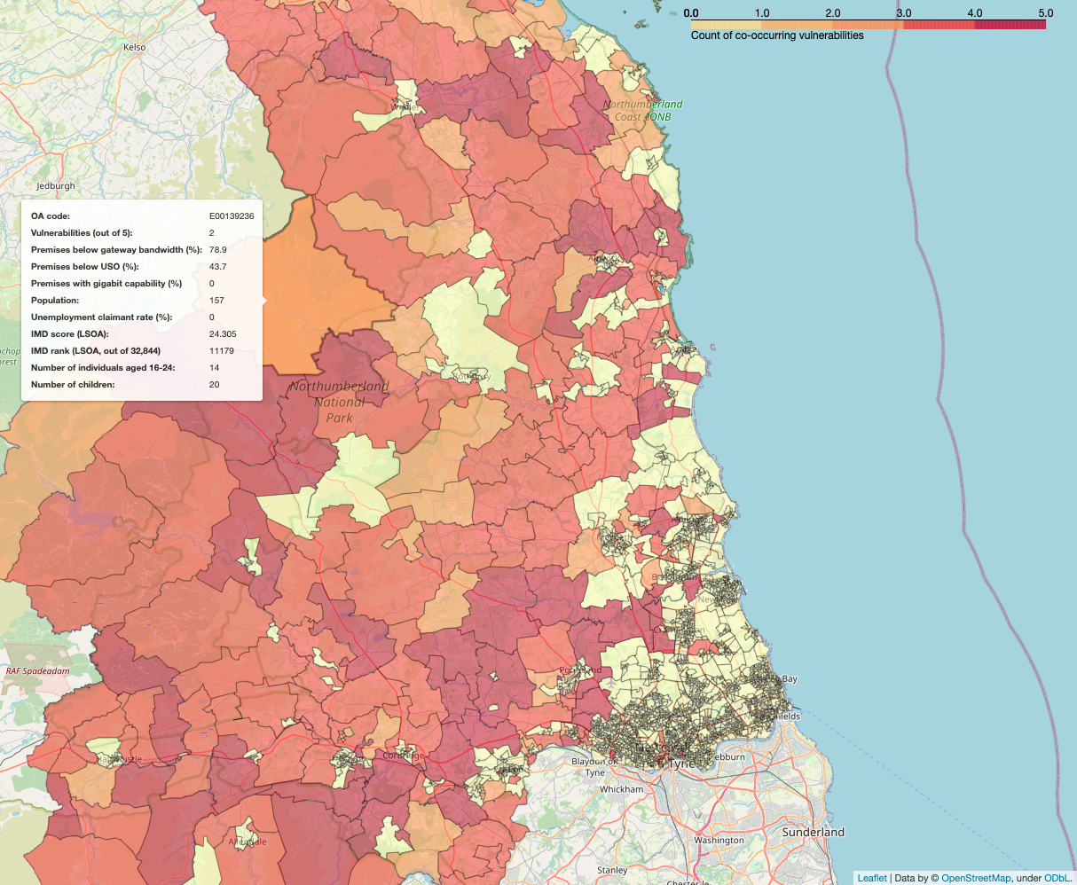 Screenshot of NTCA choropleth map which shows the number of co-occurring vulnerabilities in output areas with the poorest broadband. A popup text box lists the broadband coverage and demographics attributed to a selected output area.