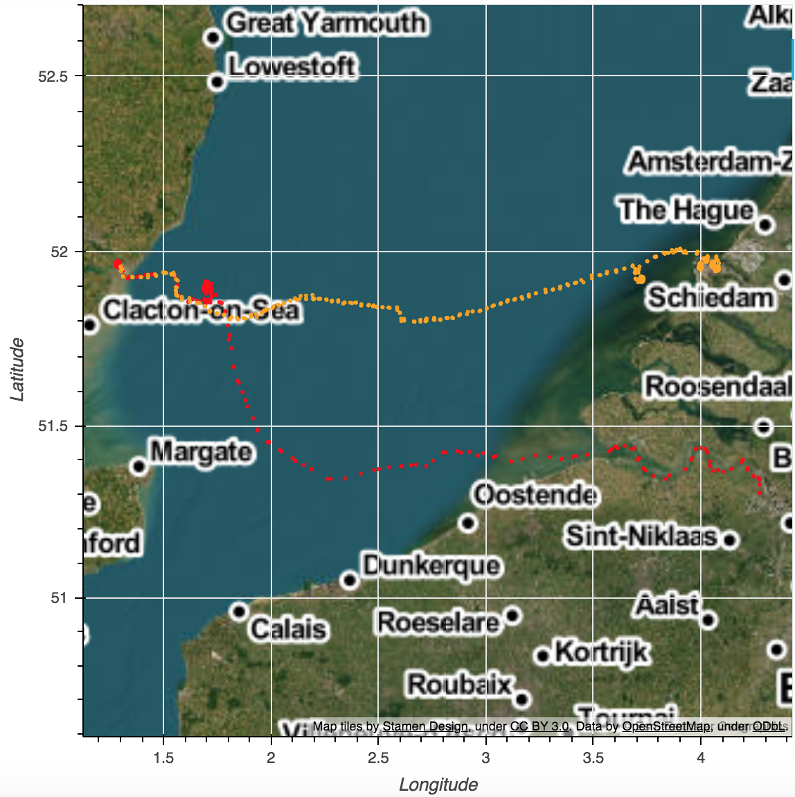 A map showing the journeys of two specific goods through shipping lanes. The first of these goods is transferred from Antwerp to Felixstowe as shown by the red line and the second from Felixstowe to Rotterdam shown by an orange line. Clusters of points can be seen just outside Felixstowe and Rotterdam, where vessels have waited for a period of time before entering port. 