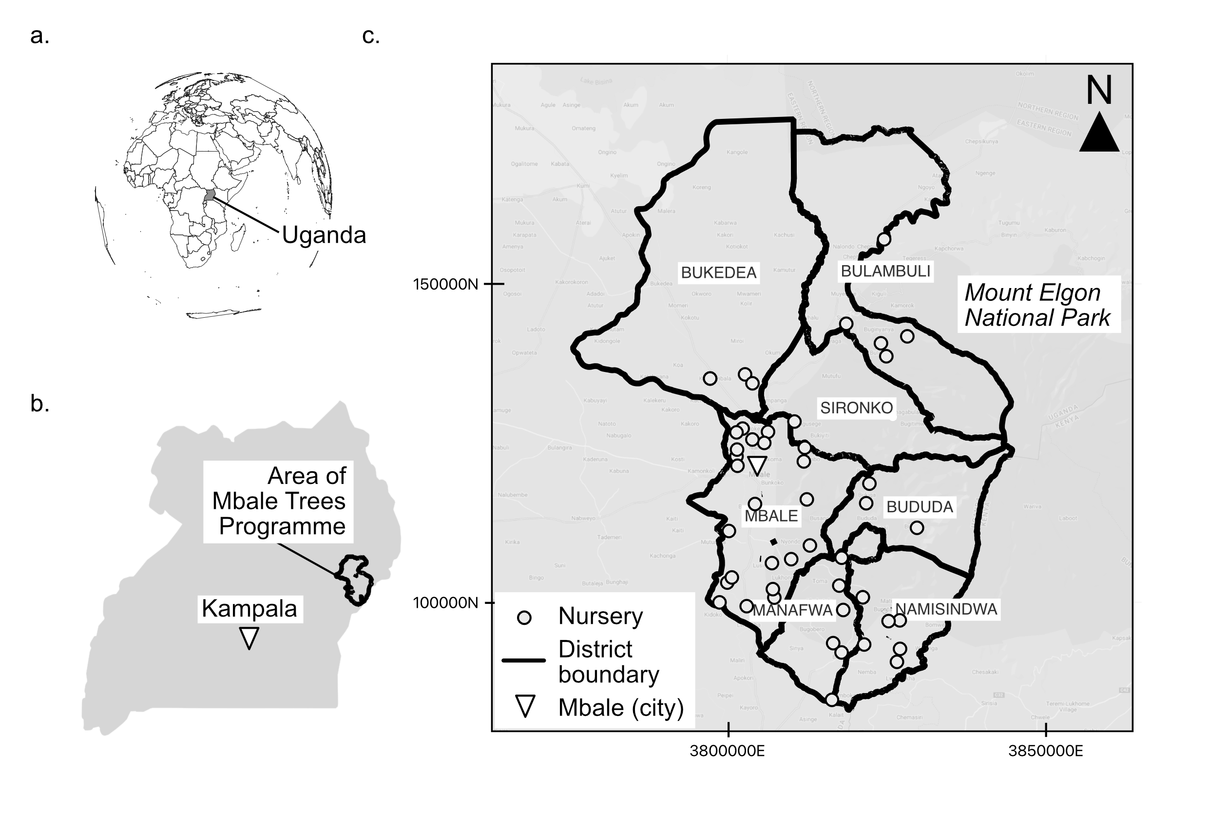 An image showing Uganda and the Mbale Trees Programme nurseries locations. The image consists of three panels. The first shows the location of Uganda on a world map. The second shows an outline of Uganda with the Mbale Trees Programme area in eastern Uganda highlighted. The last panel shows the outline of the seven districts and tree nursery locations in the Mbale Tree Programme.