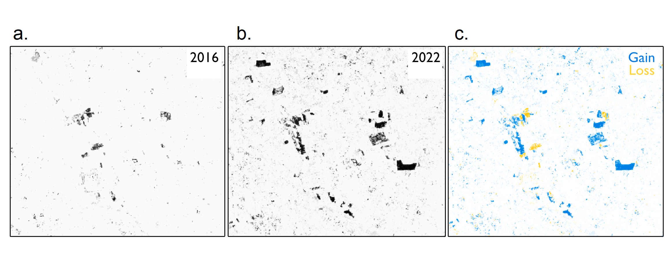 A three-panel image showing the predictions of the model from 2016 and 2022 images for the same location. The left image shows predictions from the model for 2016, indicating some small areas of trees. The centre image shows predictions from the model for 2022, indicating a greater number of tree areas. The right image shows the difference between model predictions between 2016 and 2022, showing there has been more areas of tree gain than tree loss.