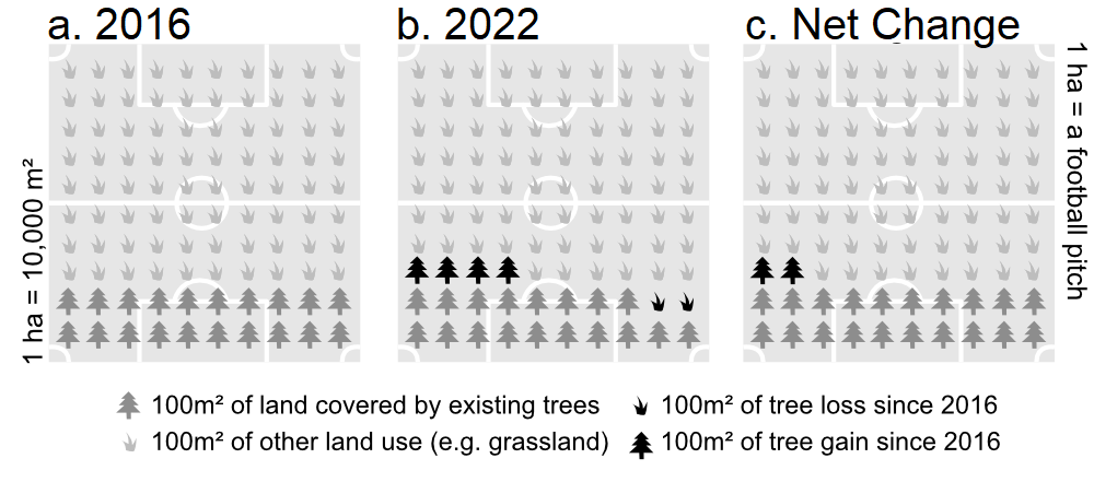 A three-panel image showing how tree coverage net change is calculated. Each image is shown as a football pitch, which represents approximately one hectare. Each image has a grid of with 100 icons, either a tree icon, or a grass icon. The left image shows 20 tree icons, implying that 20% of the area was covered by trees in 2016. The centre image shows that in 2022, two of the tree icons have been replaced by grass icons, and four grass icons are now tree icons. This implies that 22% of the area was covered by trees in 2022. The right image shows that there has been a 2% positive net change in trees between 2016 and 2022.
