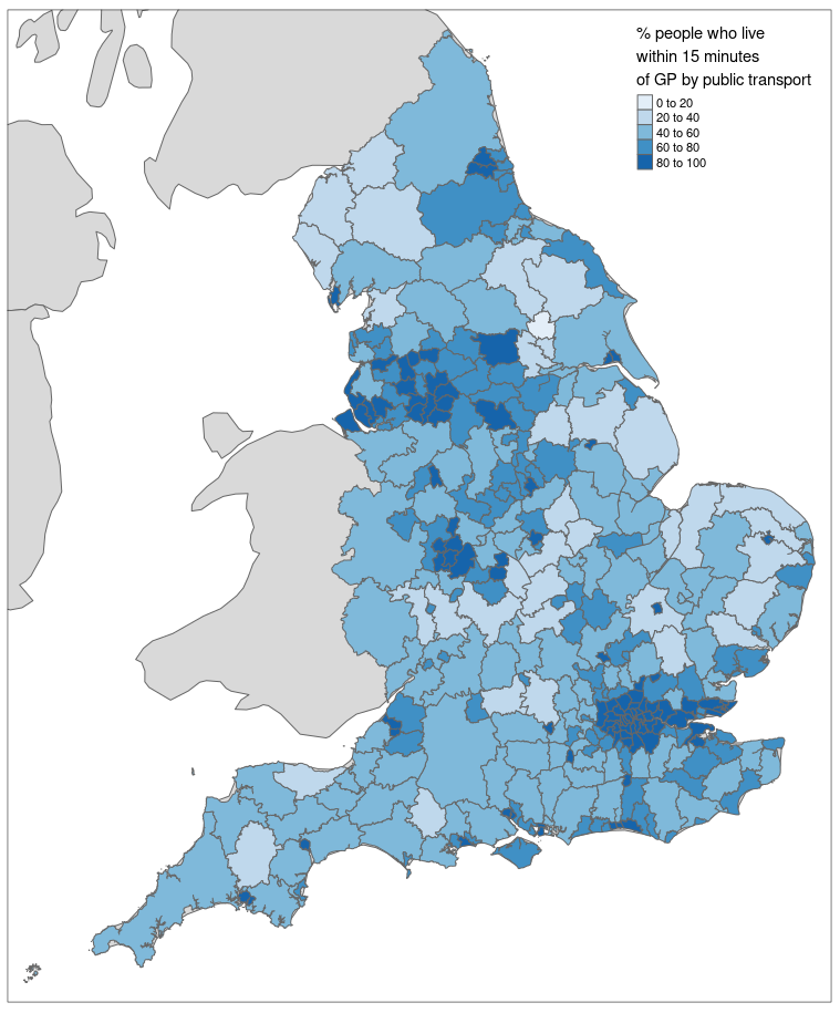 A map of the United Kingdom displaying the percentage of people in different areas who can access a GP surgery within 15 minutes by public transport. The data are plotted at the Lower Layer Super Output Area (LSOA) and are plotted on a logarithmic scale for ease of visualisation. It shows how urban areas, such as London and Manchester, have a much shorter travel time on average compared with rural areas, such as the North and South West of England.