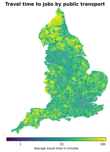 A map of the United Kingdom depicting how the average travel time to jobs by public transport varies in different LSOAs, plotted on a logarithmic scale. The map illustrates the strong differences in accessibility to jobs between urban areas, such as London and Manchester, and rural areas, such as the South West and the North of England.