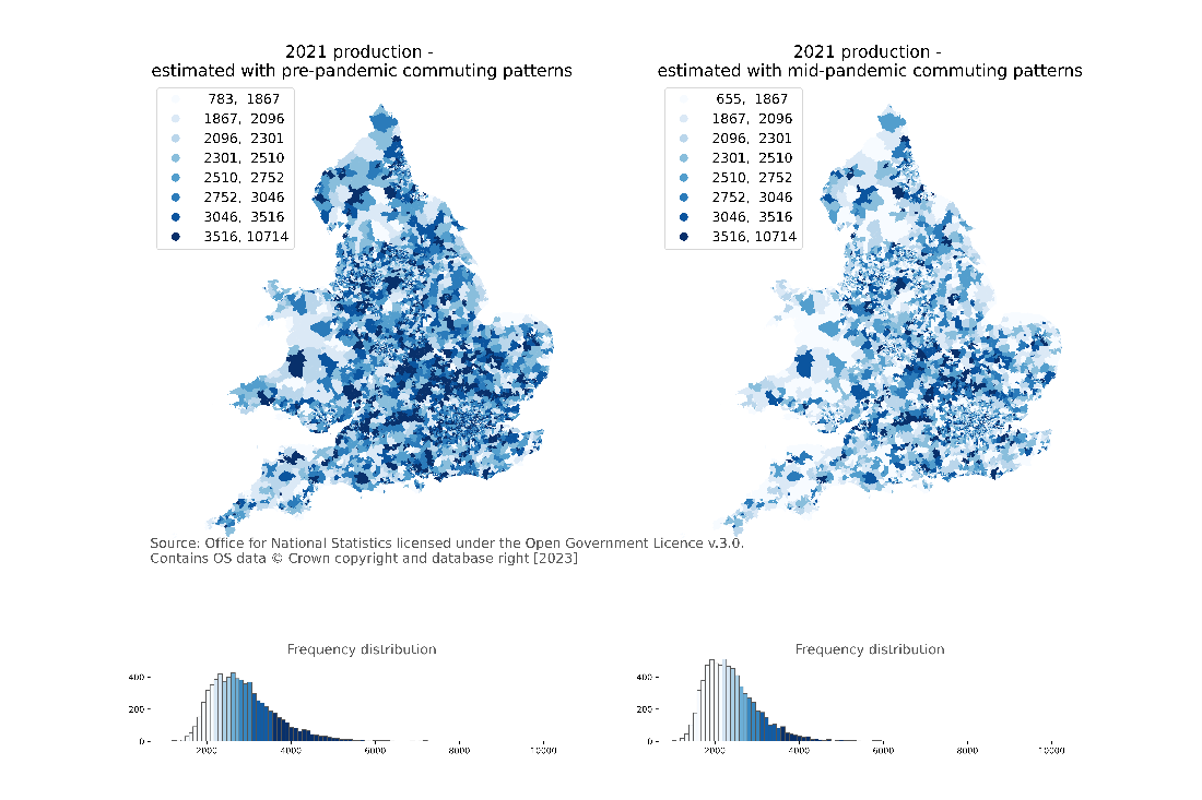 Figure 3 presents maps showing the number of workers who travel to a fixed workplace for MSOAs in England and Wales in 2021 under these two conditions, for instance, assuming commuting patterns pre- and mid-pandemic, respectively.