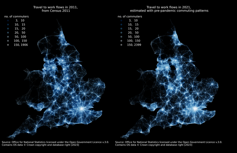 These maps show the estimated travel to work matrices for 2011 (from 2011 Census) and 2021 (under the assumption of the pre-pandemic commuting behaviours) respectively. The maps represent commuting flow between all home and work locations at MSOA level in England and Wales, with lighter lines indicating more commuters travelling to fixed workplaces.