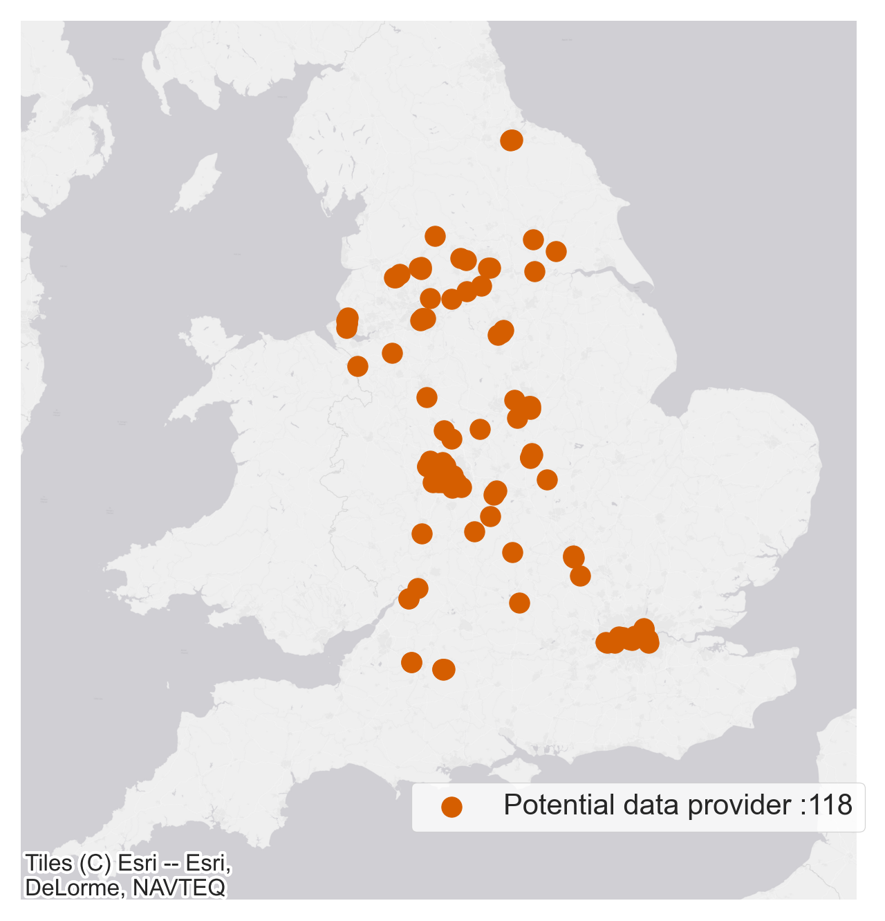 Figure 7b a map showing approximate locations of people monitoring counter sites and respective data providers.