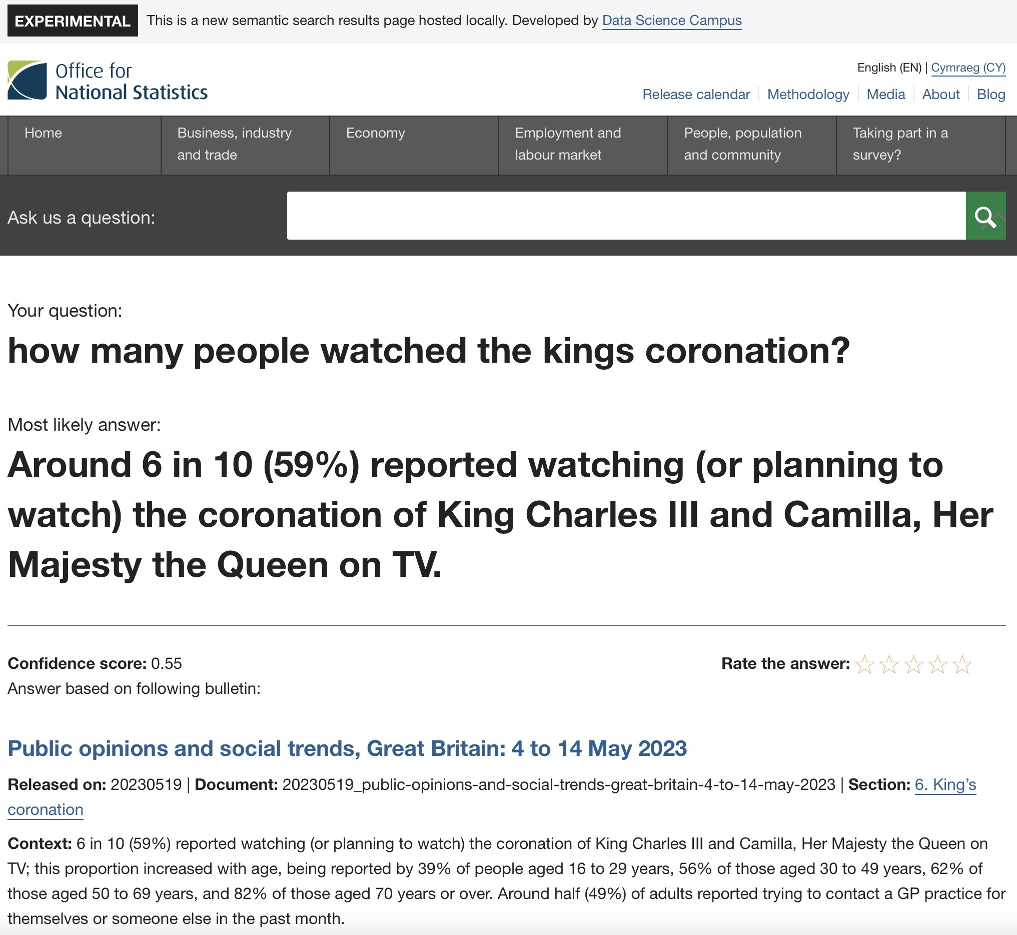 Figure 2: search results from the new tool for the question ‘how many people watched the Kings Coronation?’ The new search tool returns the text ‘Around 6 in 10 (59%) reported watching (or planning to watch) the coronation of King Charles III and Camilla, Her Majesty the Queen on TV. The new tool also returns the relevant bulletin that this text is held.